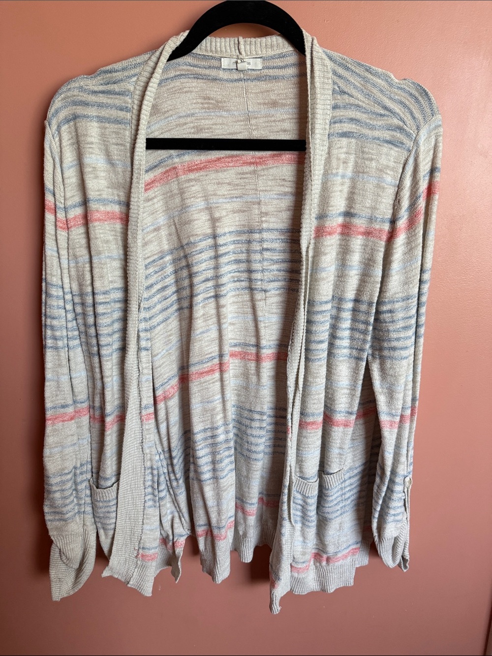 Maurices Beige Open-Front Cardigan with Pink & Light Blue Stripes